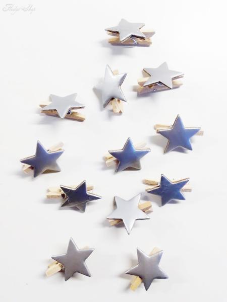 12 Holzklammern mit silbernem Stern